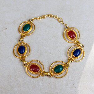 Vintage Statement Necklace with Red, Green, and Blue Cabochons